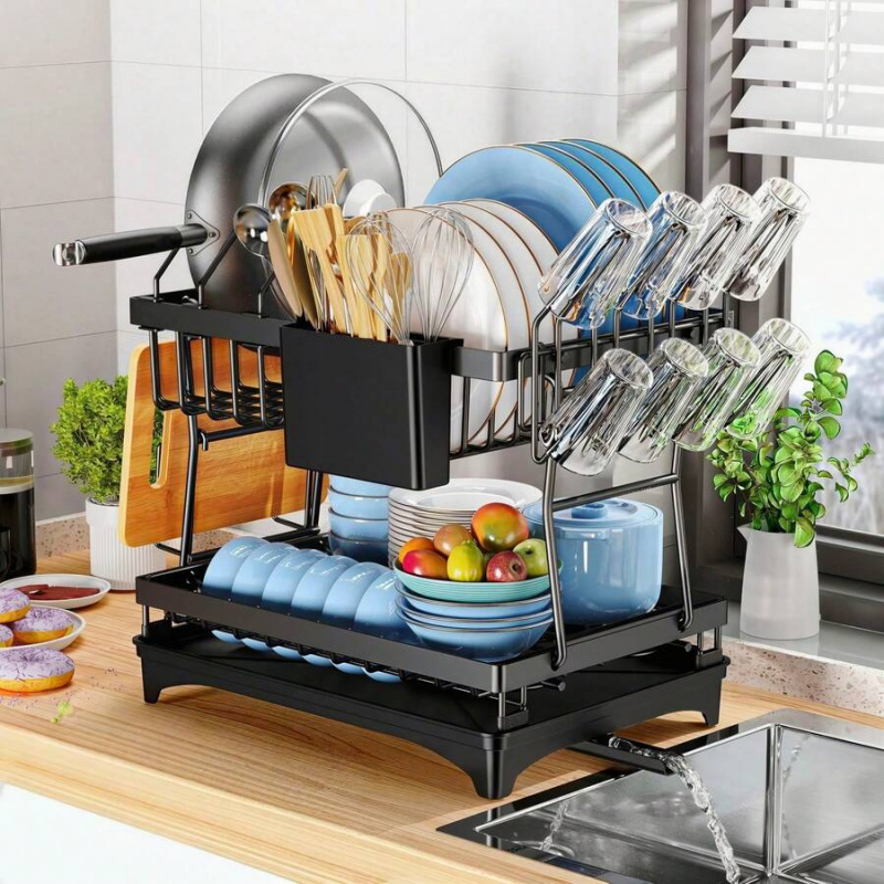 Kitchen Utensils - Rostfreier Edelstahl-Geschirrtrockner, 2-stöckiger großer Geschirrtrockner für