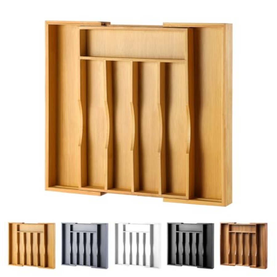 Kitchen Utensils - Erweiterbarer Bambus-Küchenschubladenorganizer für Besteck und Utensilien,