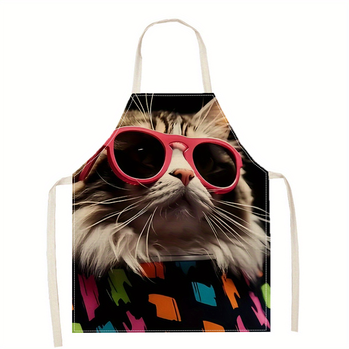 Kitchen Baking Ideas - Leinen-Schürze mit Lustigem Katzen-Sonnenbrillen-Print für Küche,